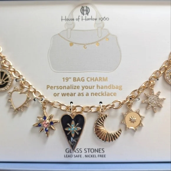 House of Harlow 1960 Bag Charm Necklace Glass Stones Celestial Hearts Stars - Picture 3 of 13